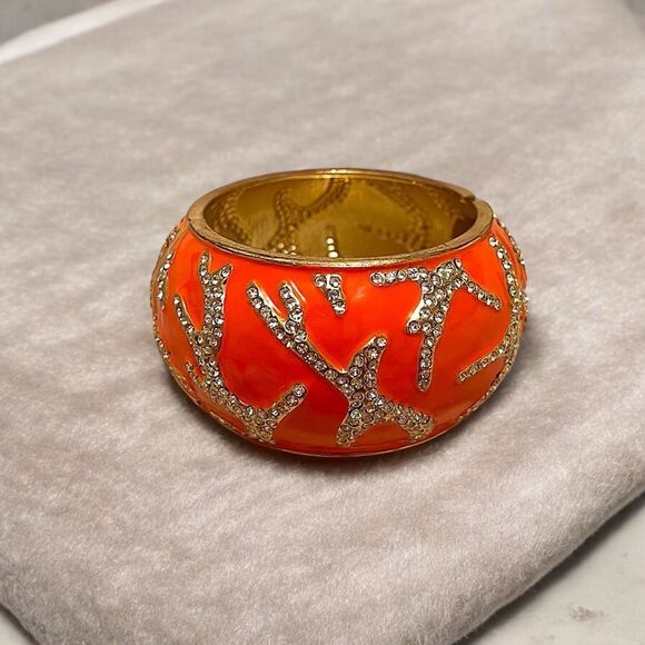 Sequin Orange And Gold Rhinestone Coral Reef Large Clamper Bangle Bracelet NWT - Picture 2 of 4